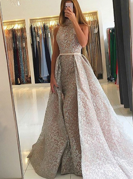 Sequin Detachable Lace Mermaid High Neck Evening Prom Dress