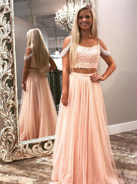 Beading Pink Tulle Two Piece Cold Shoulder Prom Dress 
