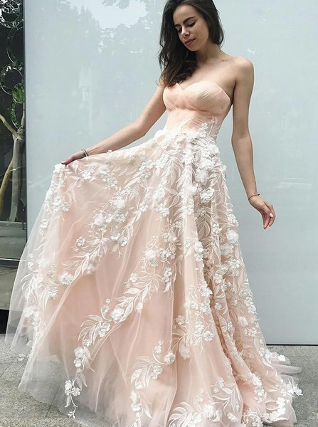Flower Long A-Line Sweetheart Champagne Prom Dress With Appliques