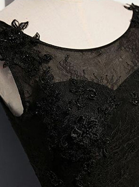 Lace Appliques Black Floral Satin A-Line Round Neck Prom Dress 