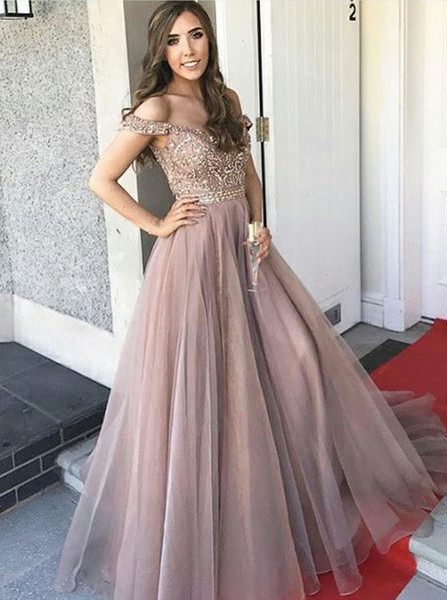  Beading A-Line Off-the-Shoulder Blush Tulle Prom Dress 