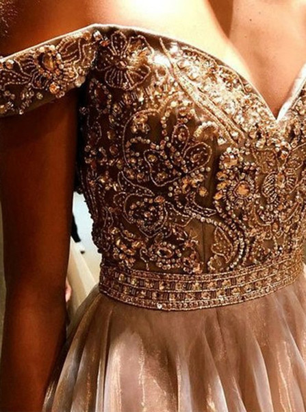  Beading A-Line Off-the-Shoulder Blush Tulle Prom Dress 