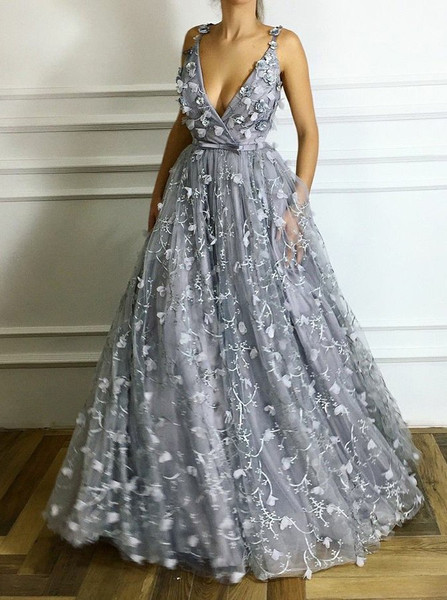 A-Line V-Neck Long Beading Flowers Grey Lace Prom Dress
