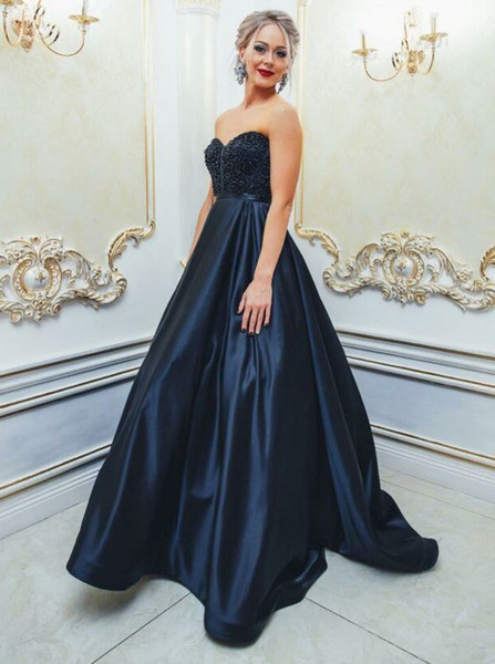 Beading Navy Blue Satin A-Line Sweetheart Prom Dress