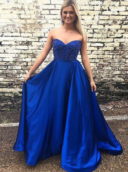 Beading Navy Blue Satin A-Line Sweetheart Prom Dress