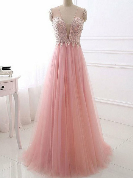 Sequins Beading See Through Back A-Line V-Neck Pink Tulle Prom Dress
