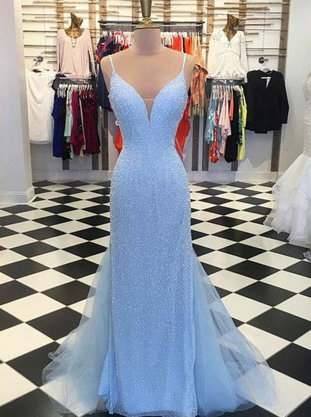 Mermaid Spaghetti Straps Long Blue Sequined Prom Dress