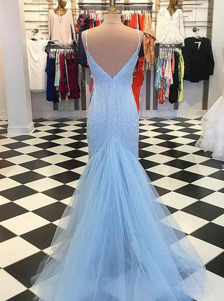 Mermaid Spaghetti Straps Long Blue Sequined Prom Dress