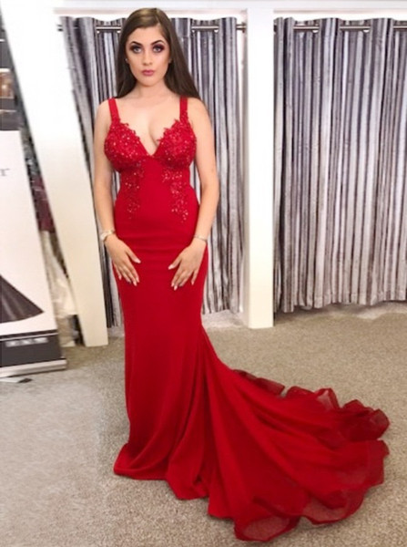 Mermaid V-Neck Red Beading Elastic Satin Prom Dress