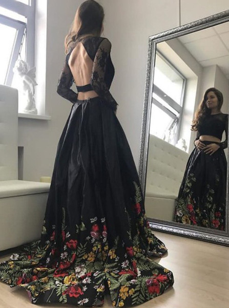 Two Piece Lace Open Back Printed Black Satin Prom Dress