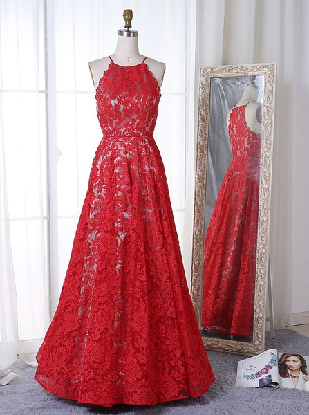 Sleeveless Long A-Line Jewel Red Lace Prom Dress
