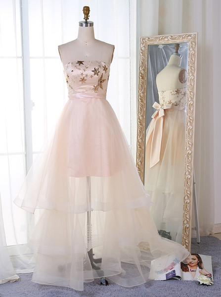 Sequins Sash A-Line Strapless Pearl Pink Tulle Prom Dress
