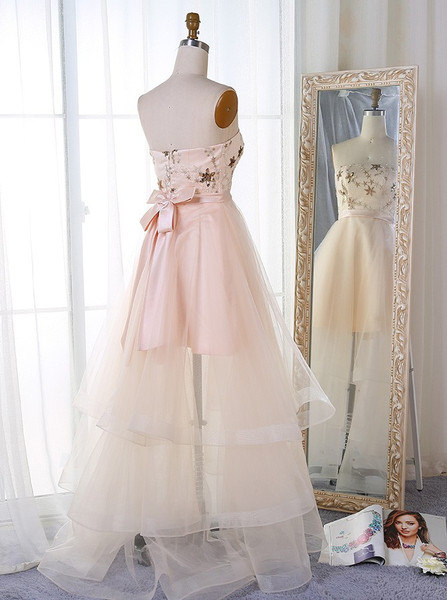 Sequins Sash A-Line Strapless Pearl Pink Tulle Prom Dress