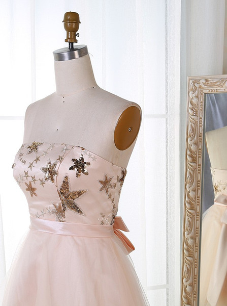 Sequins Sash A-Line Strapless Pearl Pink Tulle Prom Dress