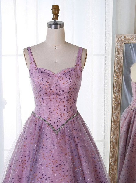 Lace Beading A-Line Straps Mid-Calf Lavender Tulle Prom Dress