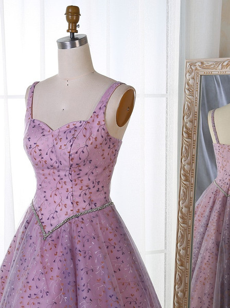 Lace Beading A-Line Straps Mid-Calf Lavender Tulle Prom Dress