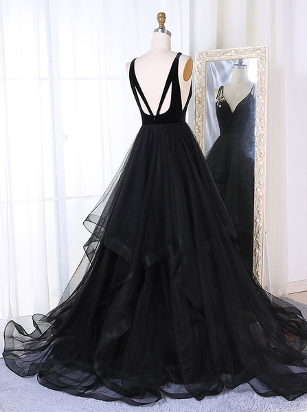 Open Back A-Line V-Neck Long Pleated Tiered Black Tulle Prom Dress