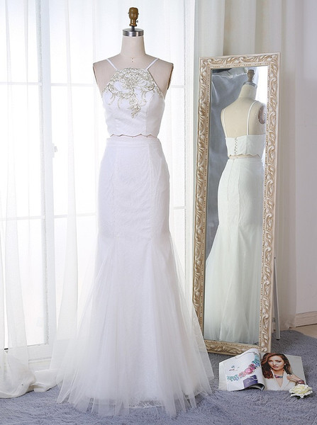Embroidery White Lace Two Piece Mermaid Spaghetti Straps Prom Dress