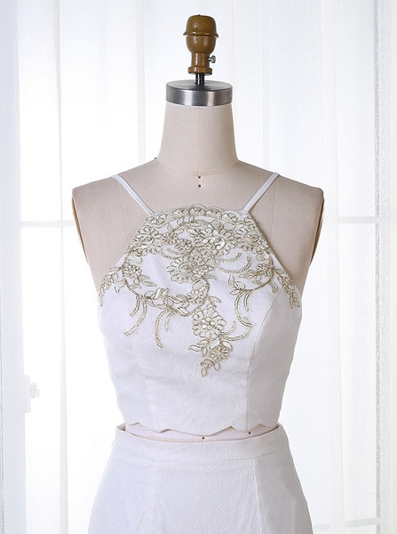 Embroidery White Lace Two Piece Mermaid Spaghetti Straps Prom Dress