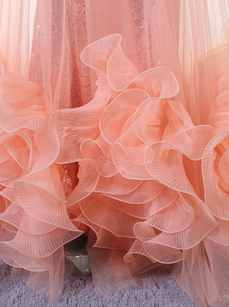 Mermaid  Flowers Spaghetti Straps Rose Gold Peach Sequin Prom Dress