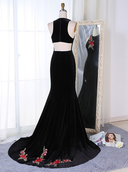 Flowers Sheath Appliques Black Velvet Cut-Out Back Prom Dress 