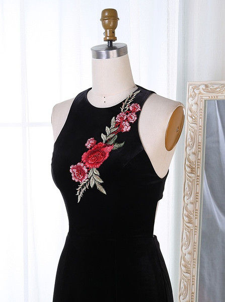 Flowers Sheath Appliques Black Velvet Cut-Out Back Prom Dress 