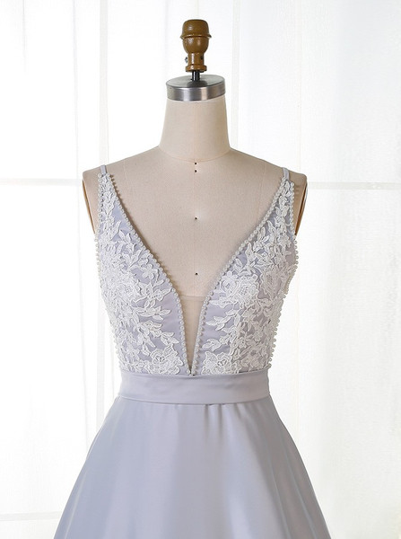 Pearls Appliques A-Line V-Neck Long  Grey Satin Prom Dress 