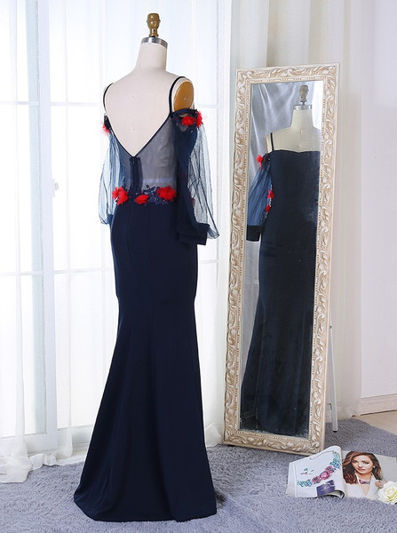 Mermaid Spaghetti Straps Flowers Sleeves Navy Blue Prom Dress