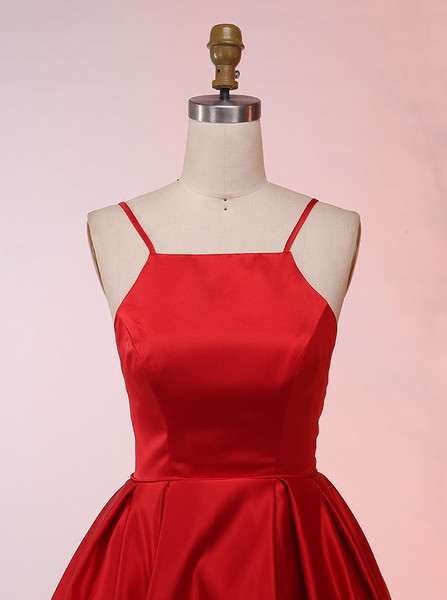 A-Line Spaghetti Straps Zipper Back Red Satin Prom Dress