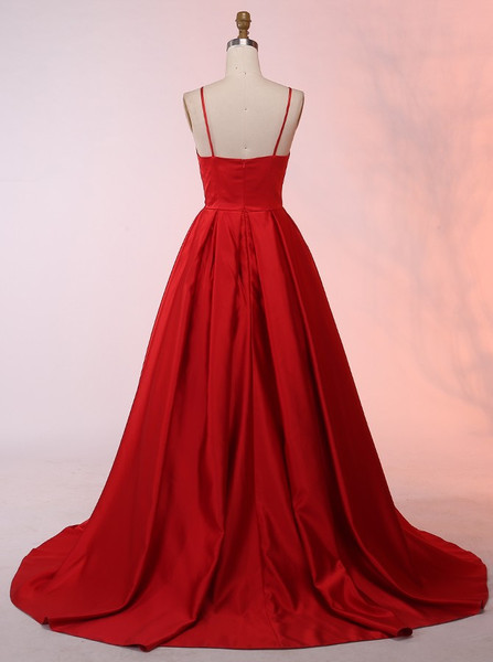 A-Line Spaghetti Straps Zipper Back Red Satin Prom Dress