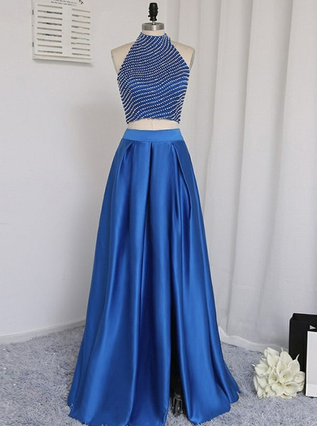 Pearls Split Blue Satin Two Piece High Neck Prom Dress 
