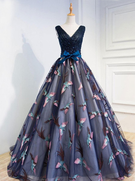 Ball Gown Pearls V-Neck Dark Blue Tulle Embroidery Prom Dress