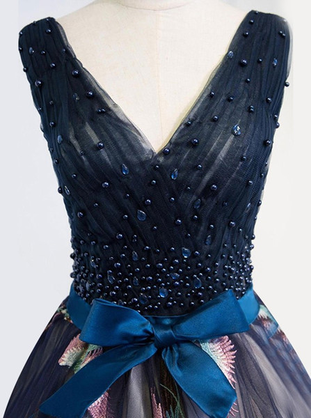 Ball Gown Pearls V-Neck Dark Blue Tulle Embroidery Prom Dress
