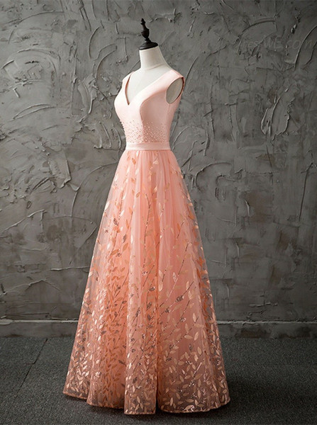  Beading A-Line V-Neck Long Peach Lace Prom Dress 