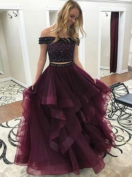 Beading Two Piece Off-the-Shoulder Tiered Maroon Burgundy Tulle Prom Dress