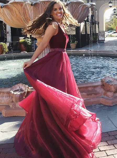 Beading V-Neck Long Burgundy Chiffon Prom Dress
