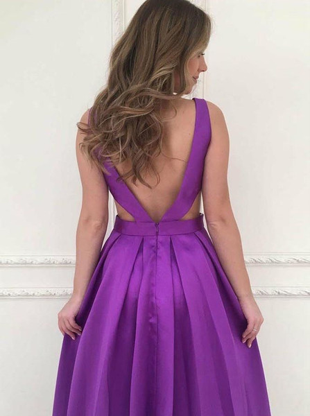 A-Line V-Neck Backless Long Sexy Purple Satin Prom Dress
