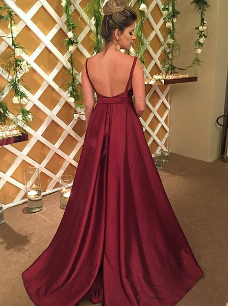 Burgundy Satin V-Neck Backless Prom Dress With Sash