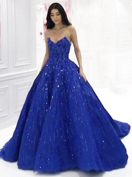 Ball Gown Sweetheart Sequin Royal Blue Satin Prom Evening Dress 