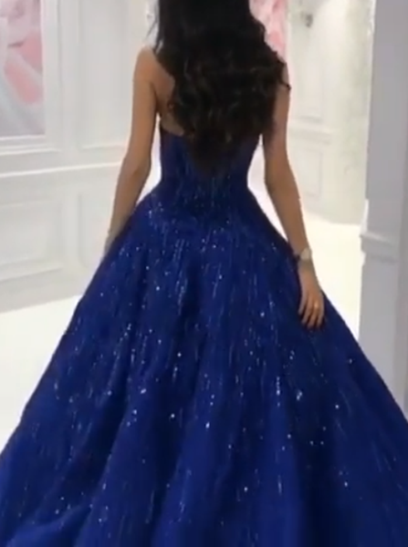 Ball Gown Sweetheart Sequin Royal Blue Satin Prom Evening Dress 