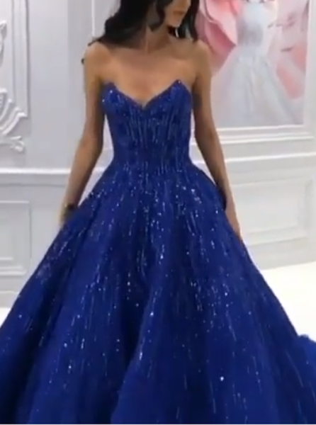 Ball Gown Sweetheart Sequin Royal Blue Satin Prom Evening Dress 