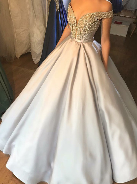 Ball Gown Beading Off-the-Shoulder Light Grey Satin Prom Dress