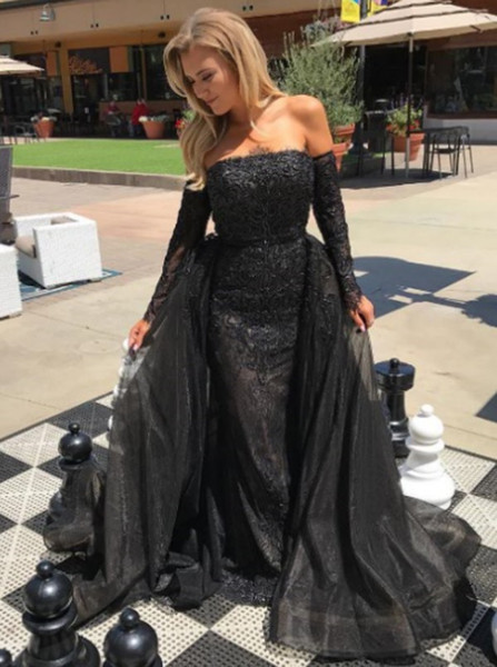  Detachable Train Sheath Long Sleeves Black Tulle Prom Dress 