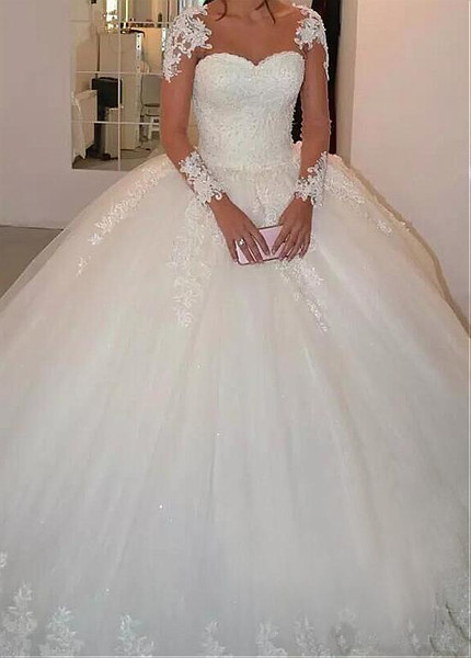 Tulle Long Sleeves Ball Gown Wedding Dress With Lace