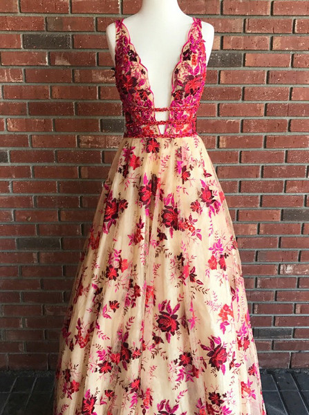 Beading Embroidery Floral Deep V-Neck Light Champagne Prom Dress 