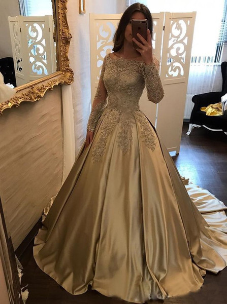 Lace Sleeves Ball Gown Off-the-Shoulder Gold Satin Prom Dress