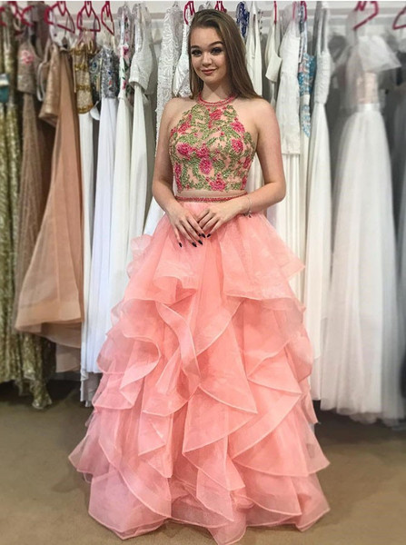 Two Piece Halter Floral Appliques Tiered Pink Open Back Prom Dress