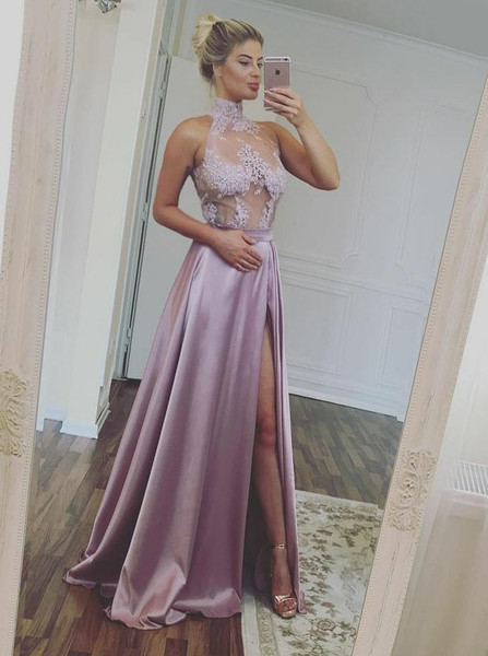 Appliques Split High Neck Illusion Top Lilac Satin Prom Dress