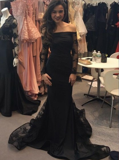 Long Sleeves  Appliques Mermaid Off-the-Shoulder Black Prom Dress