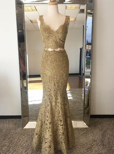 Two Piece Mermaid V-Neck Gold Long Lace Prom Dress